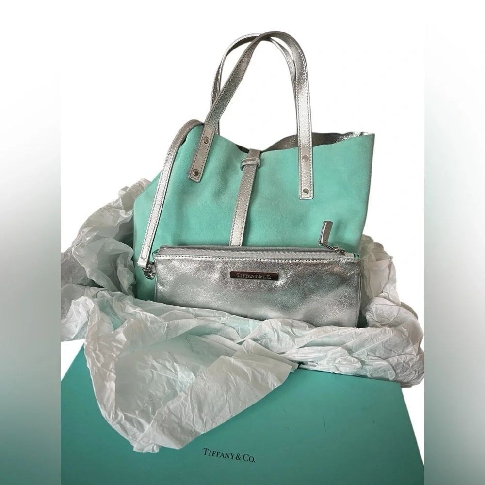 TIFFANY & CO. Reversible Metallic Silver Leather & Blue Suede Tote with Pouch